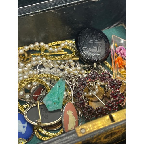 448 - Box of antique costume jewellery to include micro mosaic, locket, bracelet etc