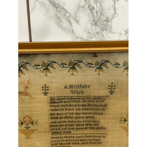 284 - Antique framed needlework sampler ' A Mothers Wish' by Elizabeth Wotton, who finished this piece at ... 