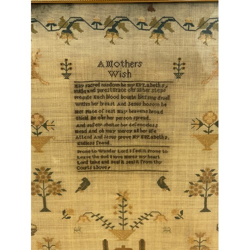 284 - Antique framed needlework sampler ' A Mothers Wish' by Elizabeth Wotton, who finished this piece at ... 