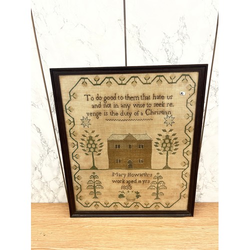 283 - Antique framed needlework sampler by Mary Howarth, age 10. Dated 1833. Size 39 x 46 cm