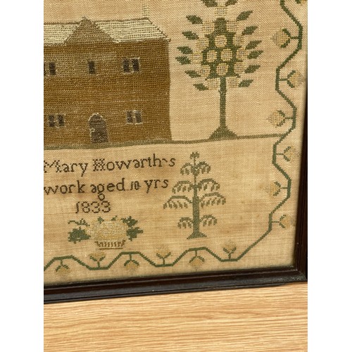 283 - Antique framed needlework sampler by Mary Howarth, age 10. Dated 1833. Size 39 x 46 cm