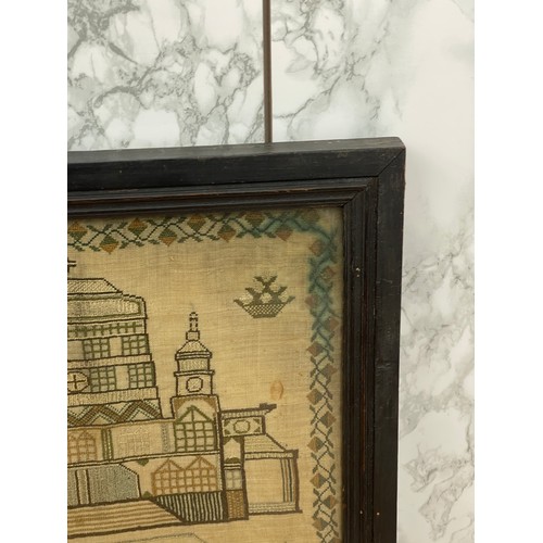 282 - Antique framed needlework sampler of St Pauls Cathedral by Charlotte Pyke, aged 8 years. 19th Centur... 