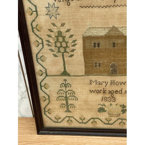 283 - Antique framed needlework sampler by Mary Howarth, age 10. Dated 1833. Size 39 x 46 cm