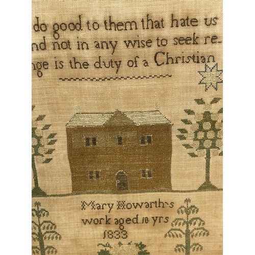 283 - Antique framed needlework sampler by Mary Howarth, age 10. Dated 1833. Size 39 x 46 cm