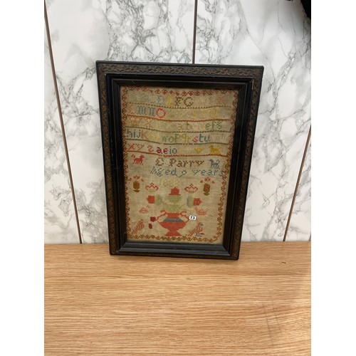 280 - Antique framed needlework sampler by E.Perry, age 9. 1883. Size 26 x 36 cm