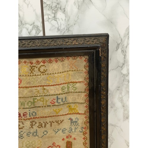 280 - Antique framed needlework sampler by E.Perry, age 9. 1883. Size 26 x 36 cm