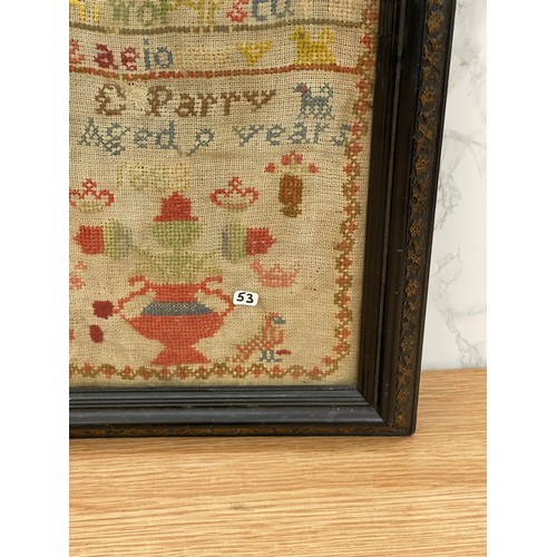 280 - Antique framed needlework sampler by E.Perry, age 9. 1883. Size 26 x 36 cm