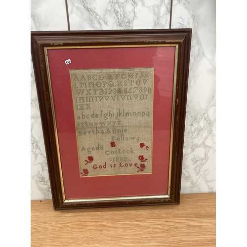 281 - Antique framed needlework sampler by Bertha Annie Follows, aged 8. Costock 1882. Size 35 x 46 cm ( f... 