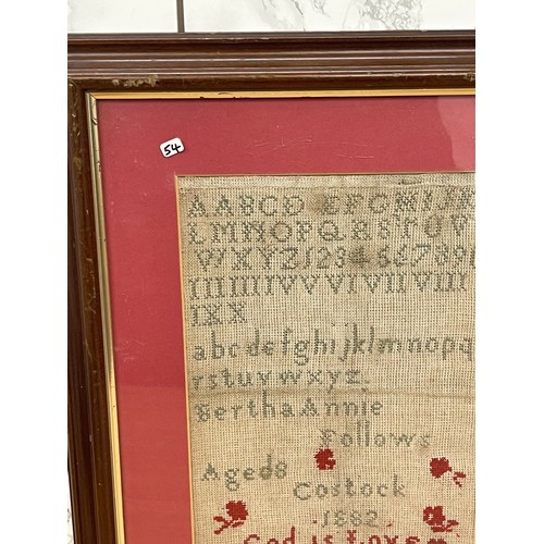 281 - Antique framed needlework sampler by Bertha Annie Follows, aged 8. Costock 1882. Size 35 x 46 cm ( f... 