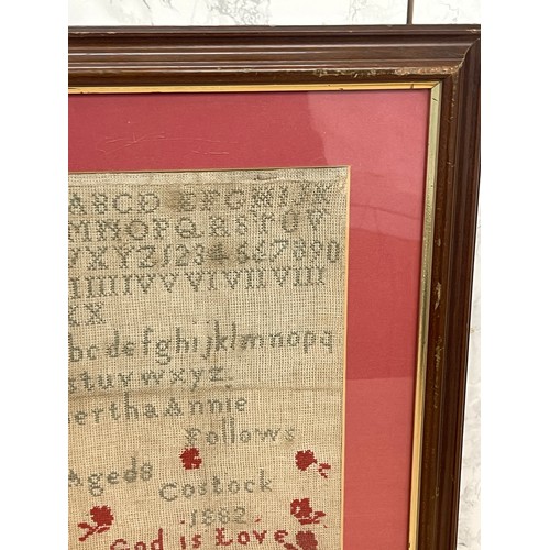 281 - Antique framed needlework sampler by Bertha Annie Follows, aged 8. Costock 1882. Size 35 x 46 cm ( f... 