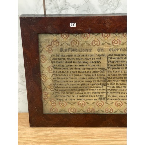 279 - Unusual antique framed needlework sampler ' Reflections on Eternal Misery' 19th Century. Frame size ... 