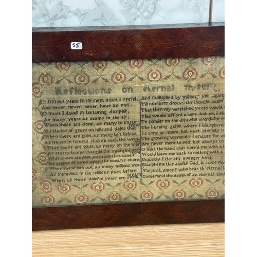 279 - Unusual antique framed needlework sampler ' Reflections on Eternal Misery' 19th Century. Frame size ... 