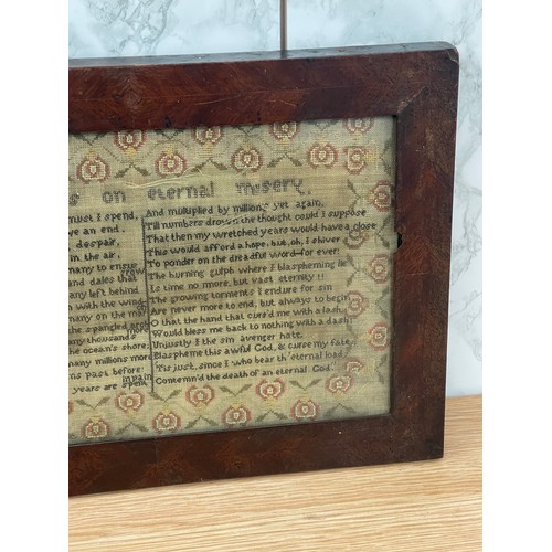 279 - Unusual antique framed needlework sampler ' Reflections on Eternal Misery' 19th Century. Frame size ... 