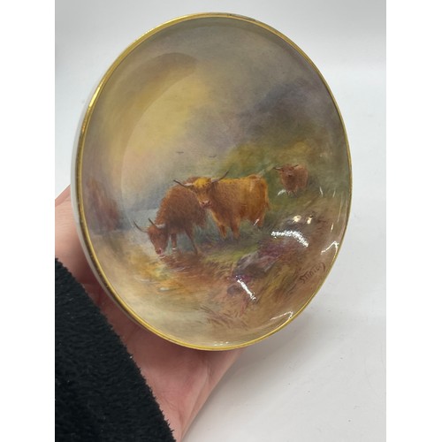 440 - Hand painted Royal Worcester bowl Highland Cattle signed Stinton Puce Mark.