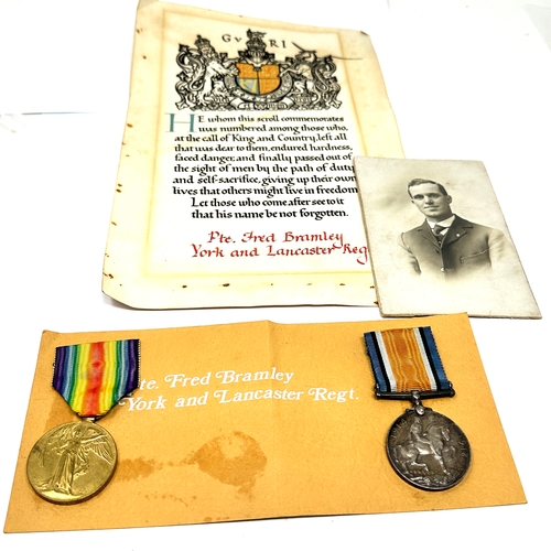 340 - K.I.A ww1 medal pair  to PRIVATE F BRAMLEY Service Number: 33098 Regiment & Unit/Ship York and Lanca... 