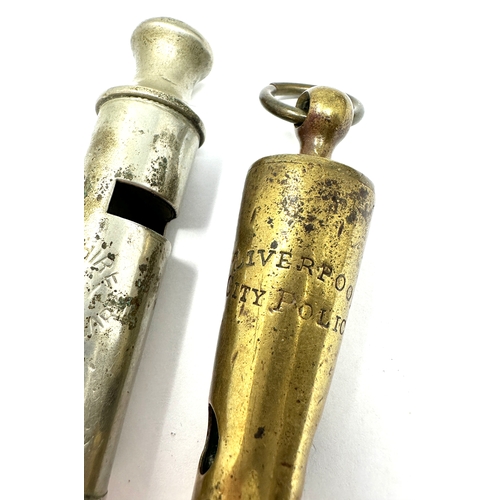 344 - 2 police whistles inc liverpool city & dowler lancashire constabulary