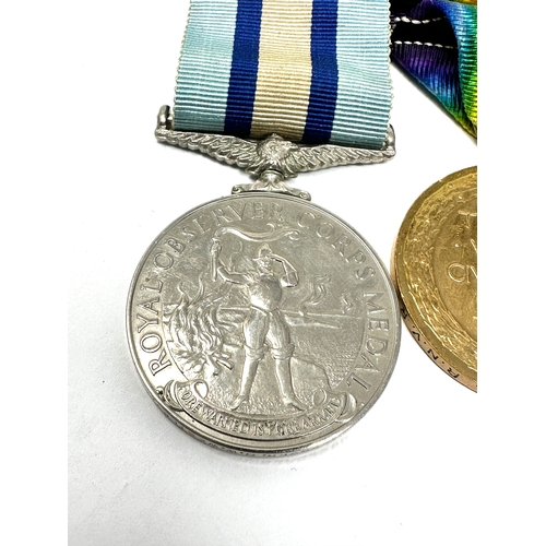 358 - Royal observer corps medal & ww1 medal pair To b.z.7771 h.w westley ord r.n.v.r the 150observer corp... 