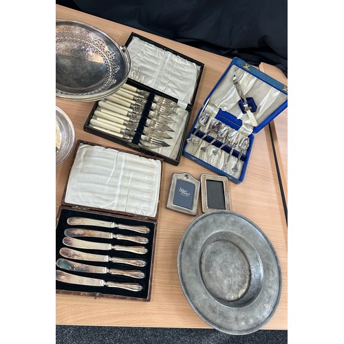 159 - Box of antique and vintage silver plate to include cased set of silver handled knives etc