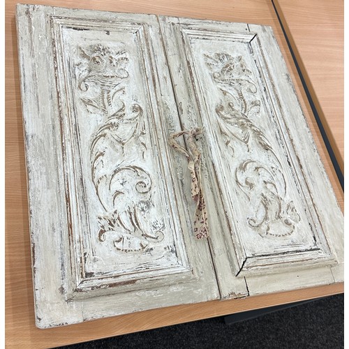 133 - Vintage white washed carved door panels measures approx 26 inches long by 12 inches wide