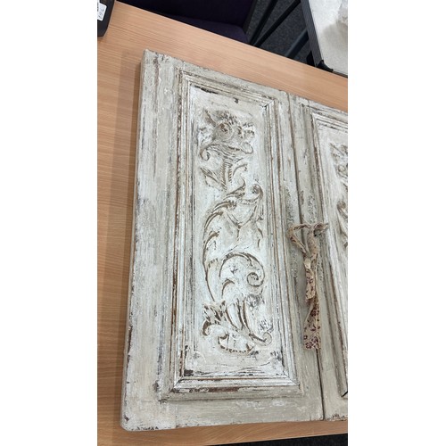 133 - Vintage white washed carved door panels measures approx 26 inches long by 12 inches wide