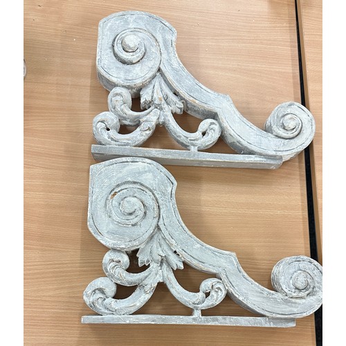 251 - Two Vintage white wash wooden shelf brackets measures approx 16 inches wide by 11 inches tall