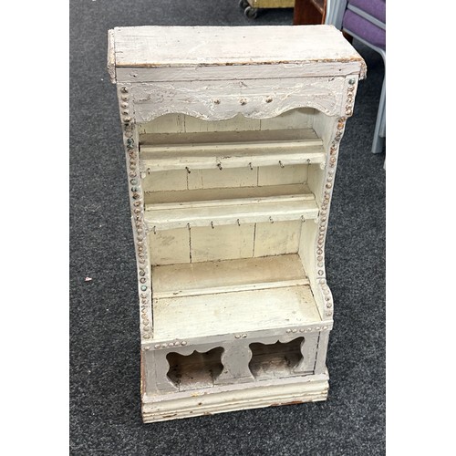 318 - White washed wooden spice rack measures approx 30 inches tall by 16 inches wide