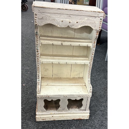 318 - White washed wooden spice rack measures approx 30 inches tall by 16 inches wide