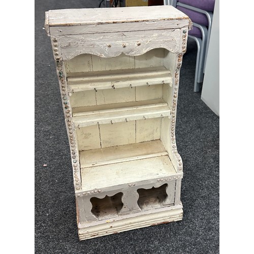 318 - White washed wooden spice rack measures approx 30 inches tall by 16 inches wide