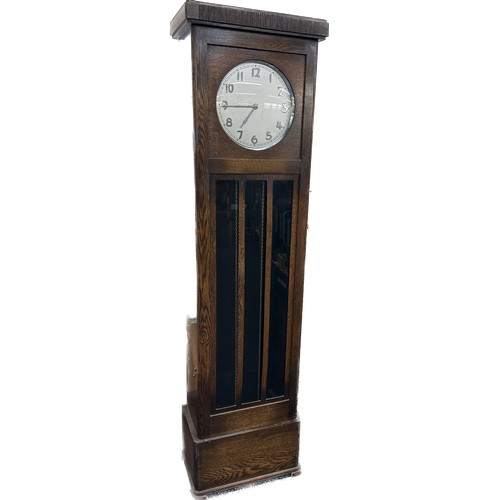 321 - Oak grandmother clock three weights and pendulum measures approx 75 inches tall by 21 inches wide