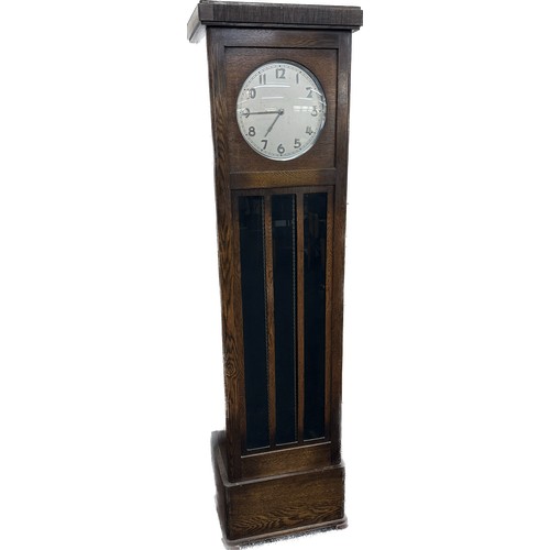 321 - Oak grandmother clock three weights and pendulum measures approx 75 inches tall by 21 inches wide