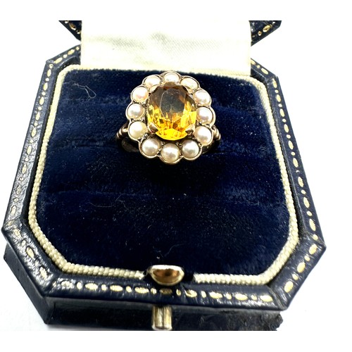 120 - 9ct gold citrine & seed pearl cluster ring (3.3g)