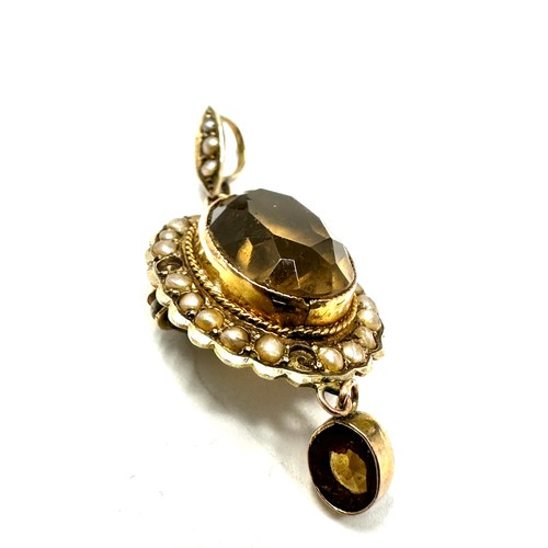 205 - 9ct gold citrine & seed pearl drop pendant (4.1g) missing seed-pearl