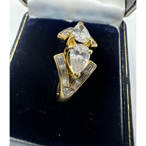 116 - kutchinsky jewellery fine diamond ring set with 2 pear drop diamonds with diamond shoulders  est  2.... 