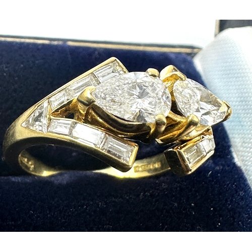 116 - kutchinsky jewellery fine diamond ring set with 2 pear drop diamonds with diamond shoulders  est  2.... 