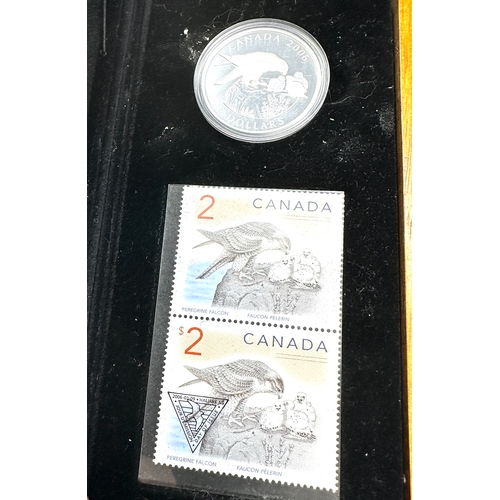 437 - Boxed 2006 Canada Peregrine Falcon $5 Dollar coin & stamp set .999 Silver Proof coa