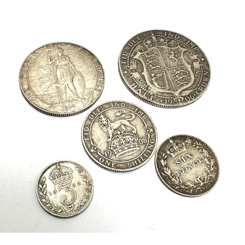 452 - 5 Edward v11 silver coins inc 1906 half crown 1909 florin 1908 shilling 1907 sixpence & 1908 3p