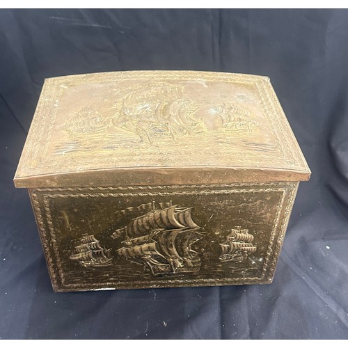 177 - Brass top coal box, approximate measurements: Height 12 inches, Width 16 inches, Depth 11 inches