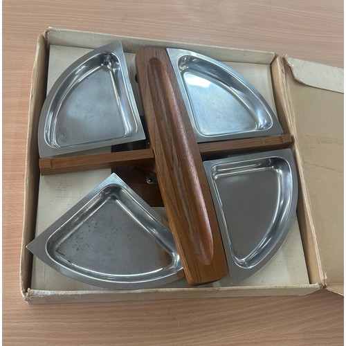 47 - Retro Danish Teak Germetco lazy susie with stainless steel bowls,  in original box