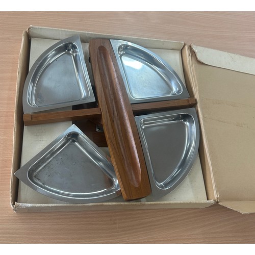 47 - Retro Danish Teak Germetco lazy susie with stainless steel bowls,  in original box