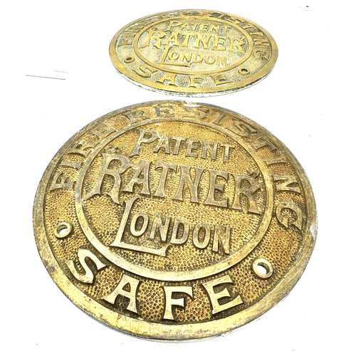 419 - 2  Antique Brass Safe Plates patent Ratner London 20cm diameter