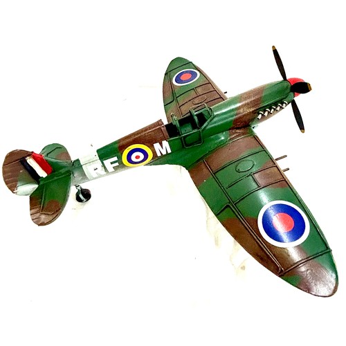 255 - Model tin plate Spitfire, approximate measures 16.5 by Wingspan 19 inches