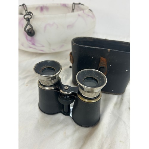 65 - Vintage glass light shade and a set of binoculars