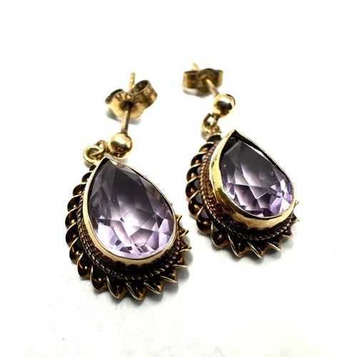 159 - 9ct gold amethyst drop earrings (1.6g)