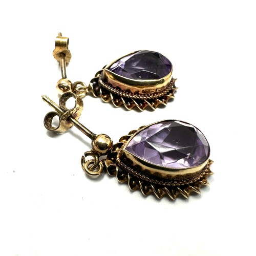 159 - 9ct gold amethyst drop earrings (1.6g)