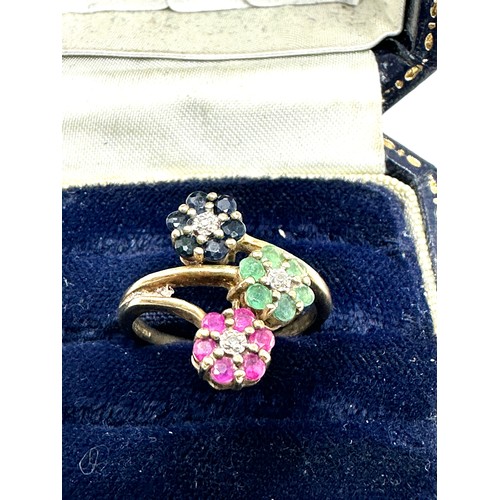 85 - 9ct gold ruby, emerald, sapphire & diamond dress ring (2.3g)