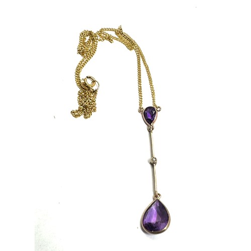 166 - 9ct gold amethyst & seed pearl drop pendant & chain (2.2g)