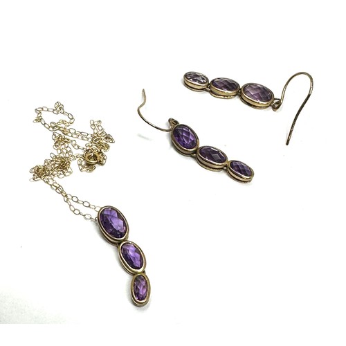 112 - 2x 9ct gold amethyst drop earrings & necklace set (3.7g)