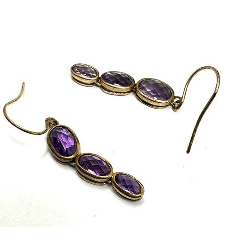 112 - 2x 9ct gold amethyst drop earrings & necklace set (3.7g)