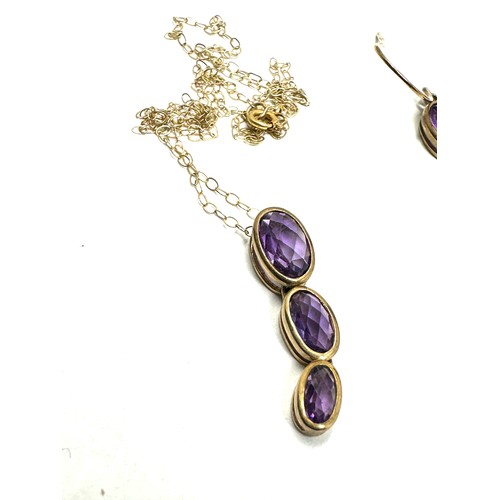 112 - 2x 9ct gold amethyst drop earrings & necklace set (3.7g)