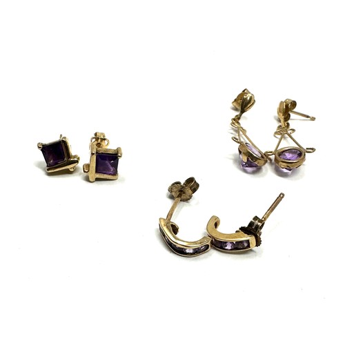 97 - 3x 9ct gold amethyst earrings (2.6g)